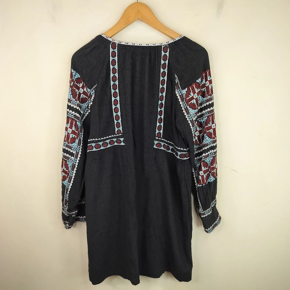 Free People Embroidered Mini Dress Womens Small Tasseled V-Neck Boho Black